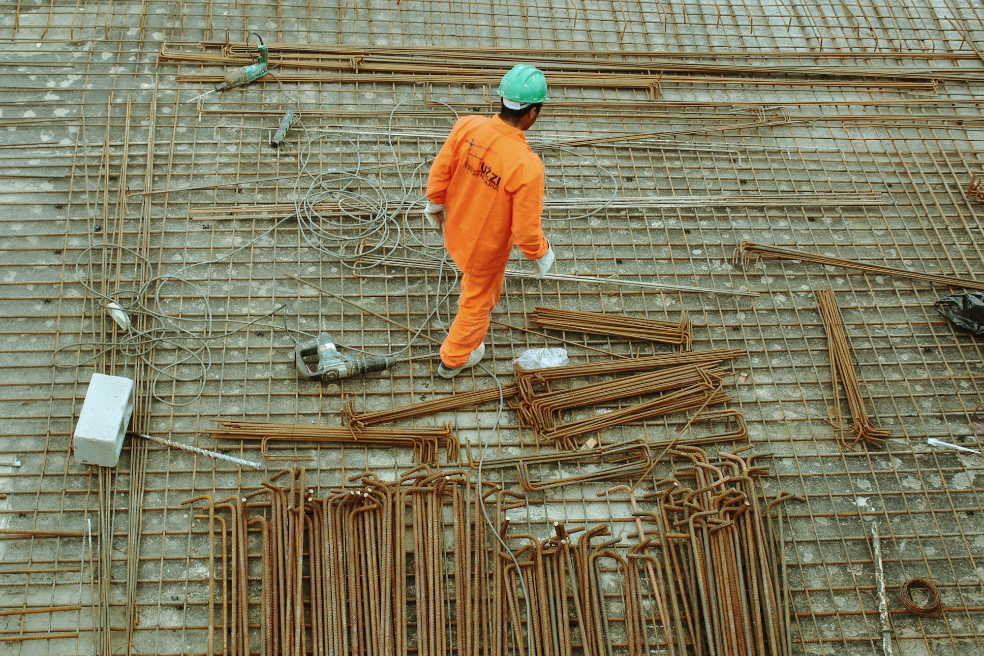 Construction site with reinforcement steel laid out ahead of a pour